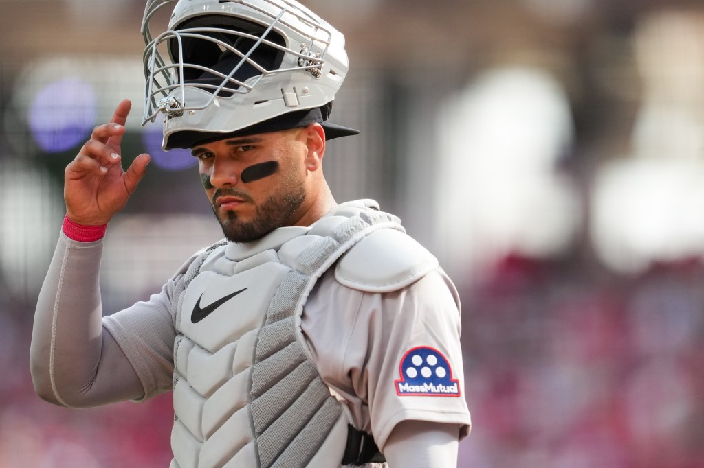 Carlos Narváez #75 of the Boston Red Sox looks on during the game between the Boston Red Sox and the Cincinnati Reds at Great American Ball Park on Thursday, March 26, 2026 in Cincinnati, Ohio.