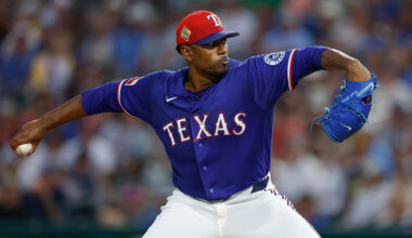SURPRISE, ARIZONA - MARCH 18: Kumar Rocker #80 of the Texas Rangers throws a pitch during a Spring Training game against the Kansas City Royals at Surprise Stadium on March 18, 2026 in Surprise, Arizona. (Photo by Brandon Sloter/Getty Images)