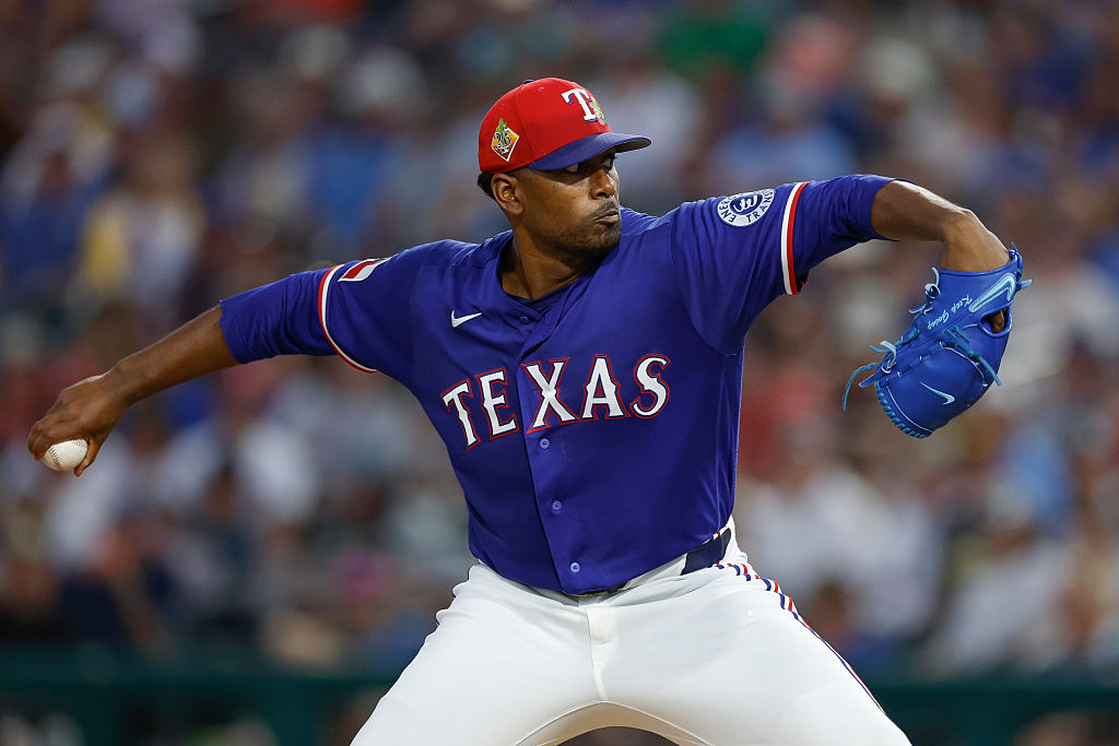SURPRISE, ARIZONA - MARCH 18: Kumar Rocker #80 of the Texas Rangers throws a pitch during a Spring Training game against the Kansas City Royals at Surprise Stadium on March 18, 2026 in Surprise, Arizona. (Photo by Brandon Sloter/Getty Images)