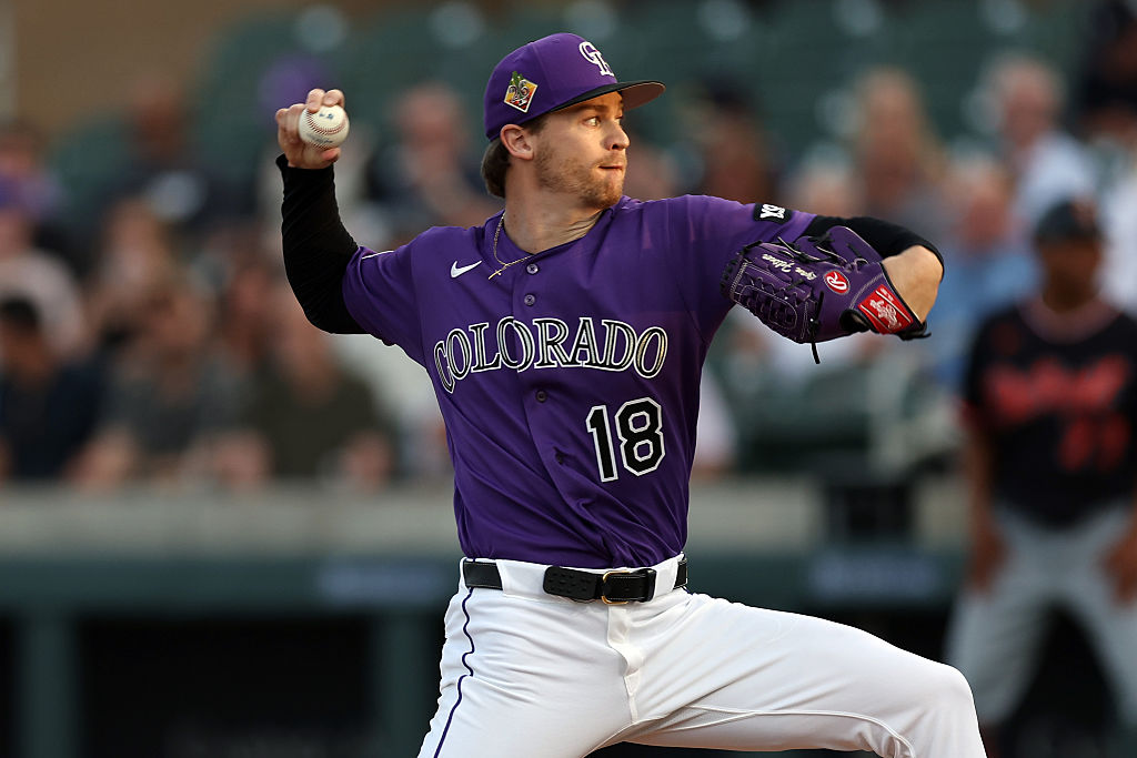 SCOTTSDALE, ARIZONA - MARCH 23: Pitcher Ryan Feltner #18 of the Colorado Rockies pitches against the Detroit Tigers during the first inning of a spring training game at Salt River Fields at Talking Stick on March 23, 2026 in Scottsdale, Arizona. (Photo by Chris Coduto/Getty Images)