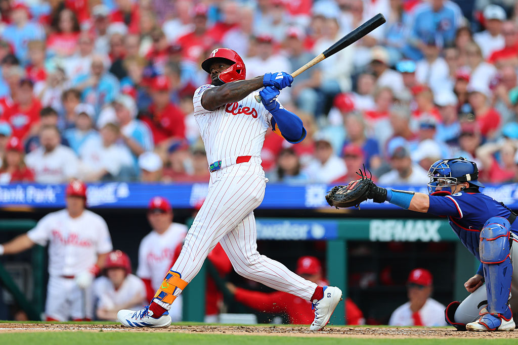 PHILADELPHIA, PA - MARCH 26: Adolis García #53 of the Philadelphia Phillies at bat during the game against the Texas Rangers on March 26, 2026 at Citizens Bank Park in Philadelphia, Pennsylvania.