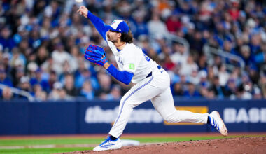 TORONTO, CANADA - MARCH 28: Dylan Cease #84 of the Toronto Blue Jays pitches against the Athletics during the second inning in their MLB game at the Rogers Centre on March 28, 2026 in Toronto, Ontario, Canada. (Photo by Mark Blinch/Getty Images)