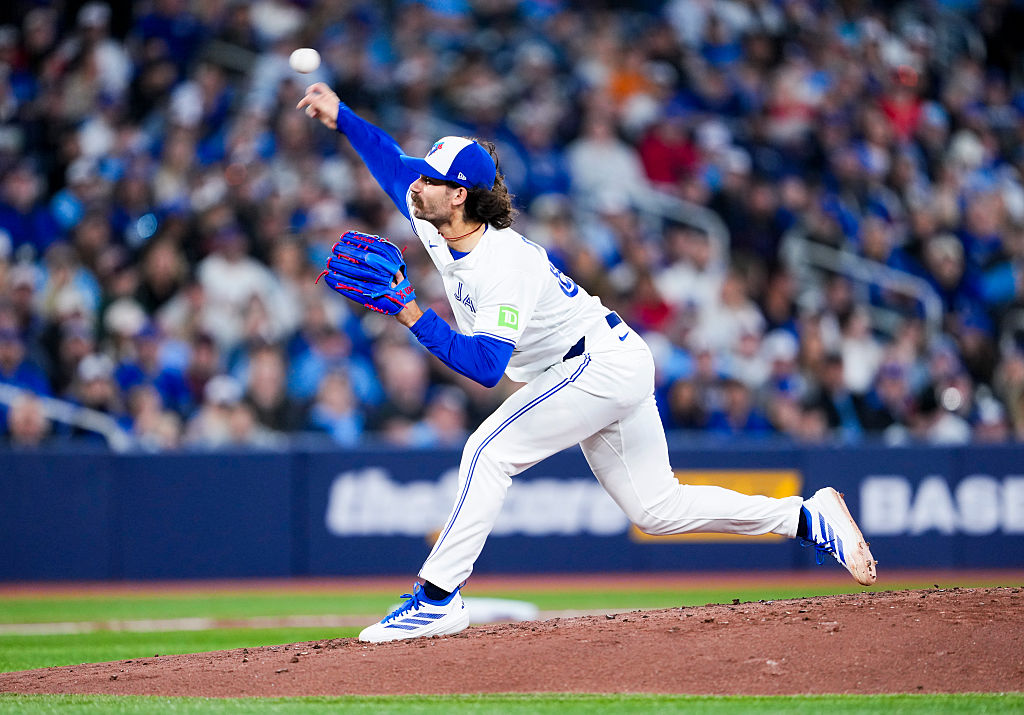 TORONTO, CANADA - MARCH 28: Dylan Cease #84 of the Toronto Blue Jays pitches against the Athletics during the second inning in their MLB game at the Rogers Centre on March 28, 2026 in Toronto, Ontario, Canada. (Photo by Mark Blinch/Getty Images)