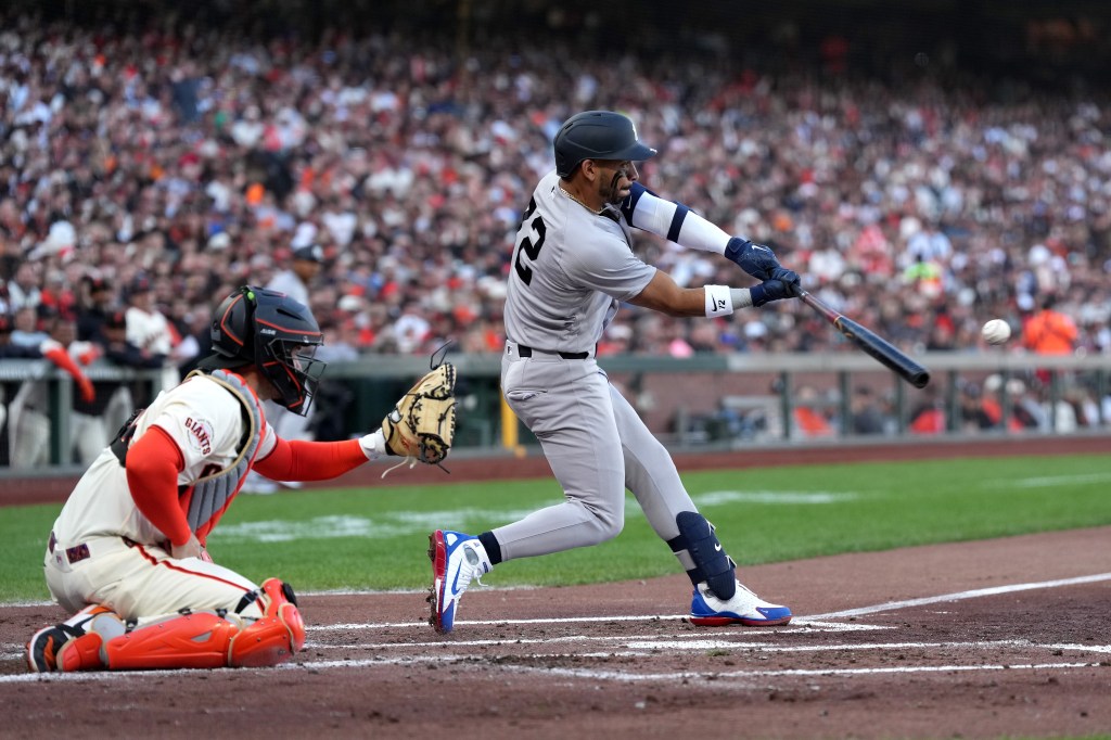 José Caballero #72 of the New York Yankees hits an RBI double against the San Francisco Giannd inning on Opening Day at Oracle Park on March 25, 2026 in San Francisco, California. 