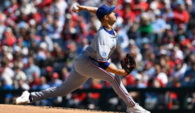 PHILADELPHIA, PA - MARCH 29: Texas Rangers pitcher MacKenzie Gore #1 pitches the ball during the game between the Philadelphia Phillies and the Texas Rangers on March 29th, 2026 at Citizens Bank Park in Philadelphia, PA. (Photo by Terence Lewis/Icon Sportswire via Getty Images)