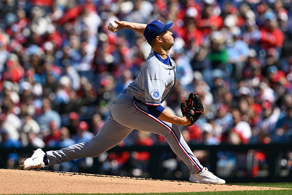 PHILADELPHIA, PA - MARCH 29: Texas Rangers pitcher MacKenzie Gore #1 pitches the ball during the game between the Philadelphia Phillies and the Texas Rangers on March 29th, 2026 at Citizens Bank Park in Philadelphia, PA. (Photo by Terence Lewis/Icon Sportswire via Getty Images)