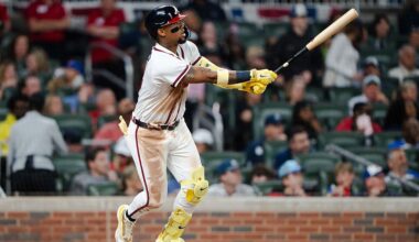 ATLANTA, GA - MARCH 30: Ronald Acuña Jr. #13 of the Atlanta Braves hits a double in the sixth inning during the game against the Athletics at Truist Park on March 30, 2026 in Atlanta, Georgia. (Photo by Matthew Grimes Jr./Atlanta Braves/Getty Images)