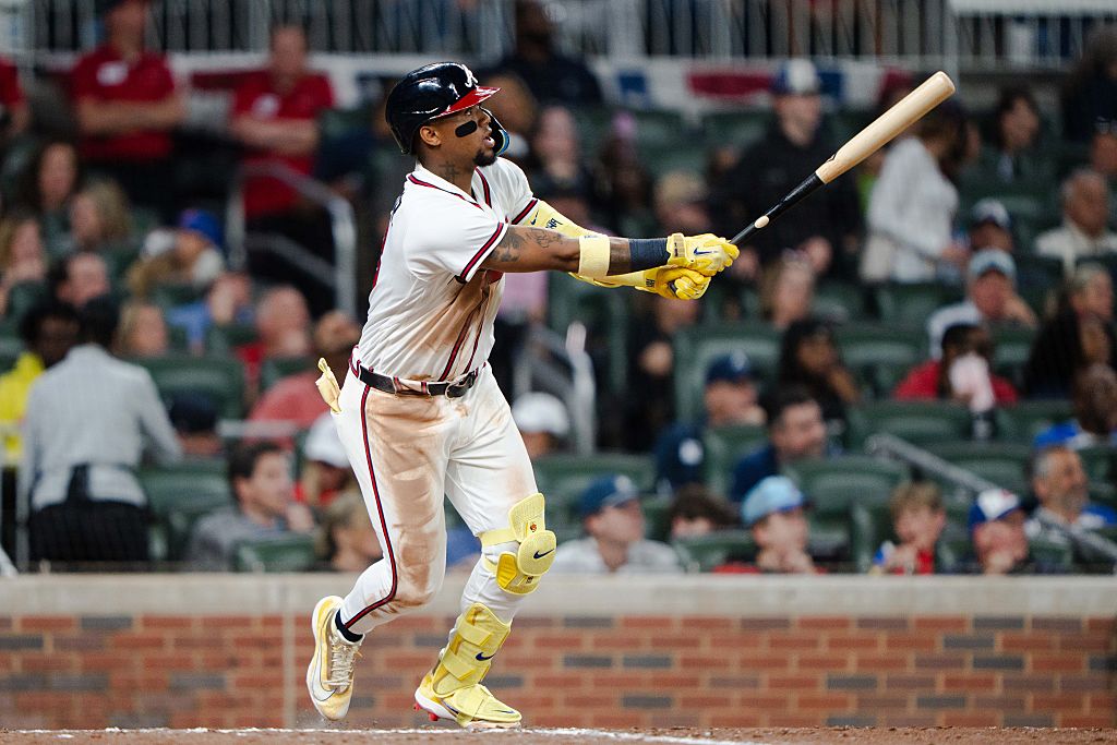 ATLANTA, GA - MARCH 30: Ronald Acuña Jr. #13 of the Atlanta Braves hits a double in the sixth inning during the game against the Athletics at Truist Park on March 30, 2026 in Atlanta, Georgia. (Photo by Matthew Grimes Jr./Atlanta Braves/Getty Images)