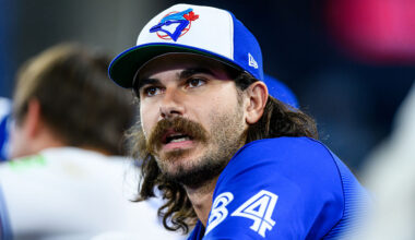 TORONTO, ON - MARCH 30: Toronto Blue Jays Starting Pitcher Dylan Cease (84) reacts during the MLB regular season game between the Colorado Rockies and the Toronto Blue Jays on March 30, 2026, at Rogers Centre in Toronto, ON, Canada. (Photo by Julian Avram/Icon Sportswire via Getty Images)