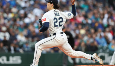 SEATTLE, WASHINGTON - MARCH 28: Bryan Woo #22 of the Seattle Mariners pitches during the first inning against the Cleveland Guardians at T-Mobile Park on March 28, 2026 in Seattle, Washington. (Photo by Olivia Vanni/Getty Images)