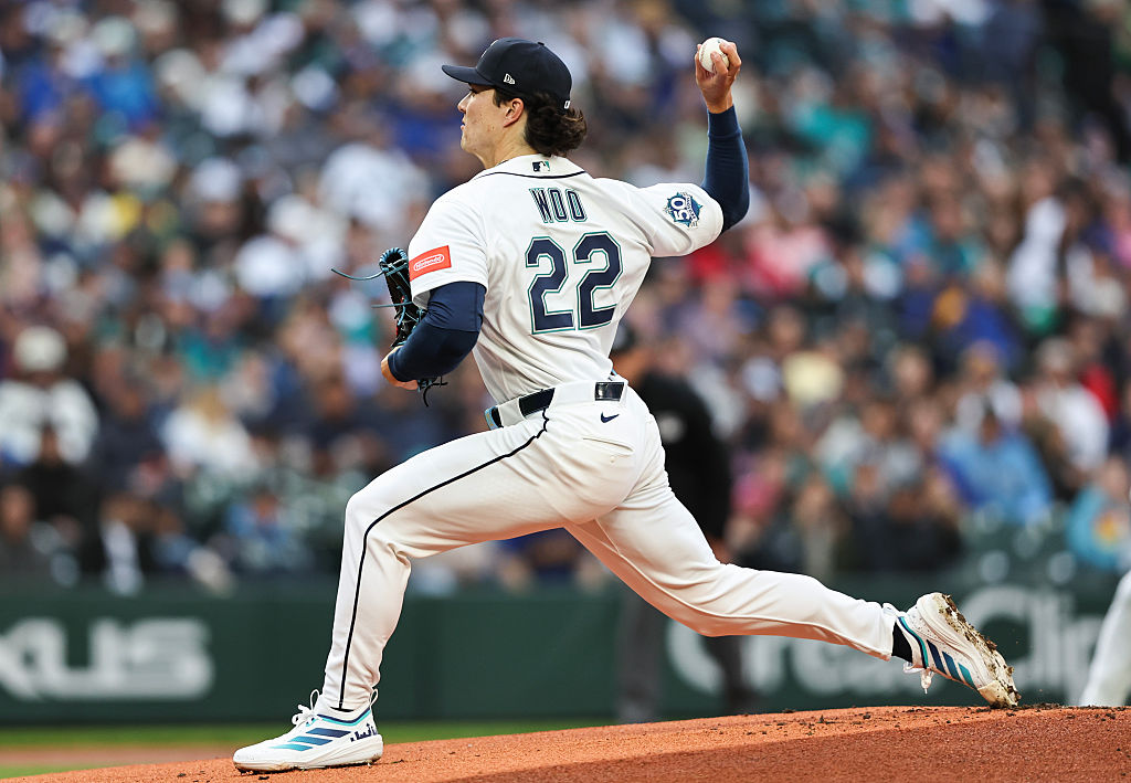 SEATTLE, WASHINGTON - MARCH 28: Bryan Woo #22 of the Seattle Mariners pitches during the first inning against the Cleveland Guardians at T-Mobile Park on March 28, 2026 in Seattle, Washington. (Photo by Olivia Vanni/Getty Images)