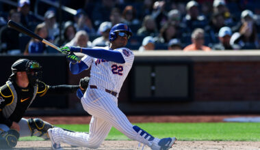 NEW YORK, NEW YORK - MARCH 29: Juan Soto #22 of the New York Mets hits a RBI single during the fifth inning against the Pittsburgh Pirates at Citi Field on March 29, 2026 in the Queens borough of New York City. (Photo by Ishika Samant/Getty Images)