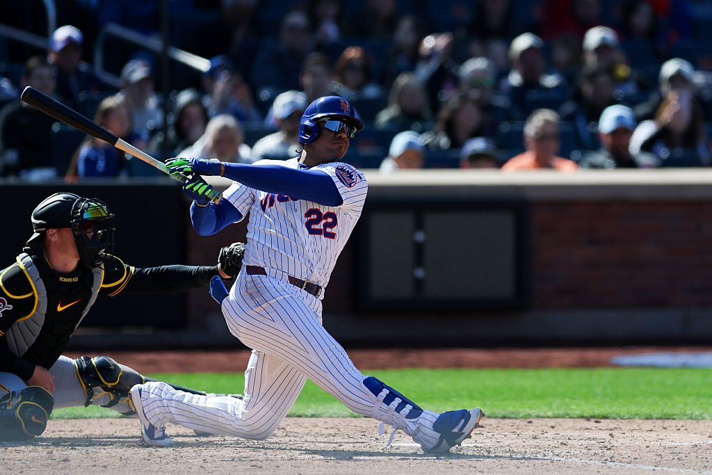 NEW YORK, NEW YORK - MARCH 29: Juan Soto #22 of the New York Mets hits a RBI single during the fifth inning against the Pittsburgh Pirates at Citi Field on March 29, 2026 in the Queens borough of New York City. (Photo by Ishika Samant/Getty Images)