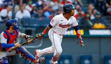 CLEVELAND, OH - APRIL 03: José Ramírez #11 of the Cleveland Guardians singles in the fourth inning during the game between the Chicago Cubs and the Cleveland Guardians at Progressive Field on Friday, April 3, 2026 in Cleveland, Ohio. (Photo by Leigh Bacho/MLB Photos via Getty Images)