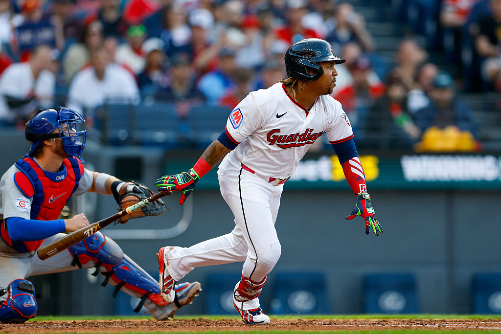 CLEVELAND, OH - APRIL 03: José Ramírez #11 of the Cleveland Guardians singles in the fourth inning during the game between the Chicago Cubs and the Cleveland Guardians at Progressive Field on Friday, April 3, 2026 in Cleveland, Ohio. (Photo by Leigh Bacho/MLB Photos via Getty Images)