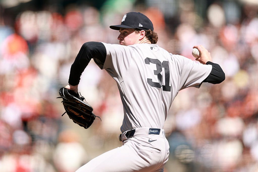 SAN FRANCISCO, CALIFORNIA - MARCH 27: Cam Schlittler #31 of the New York Yankees pitches against the San Francisco Giants at Oracle Park on March 27, 2026 in San Francisco, California.