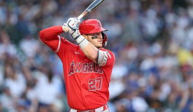 CHICAGO, ILLINOIS - MARCH 30: Mike Trout #27 of the Los Angeles Angels at bat against the Chicago Cubs at Wrigley Field on March 30, 2026 in Chicago, Illinois. (Photo by Michael Reaves/Getty Images)