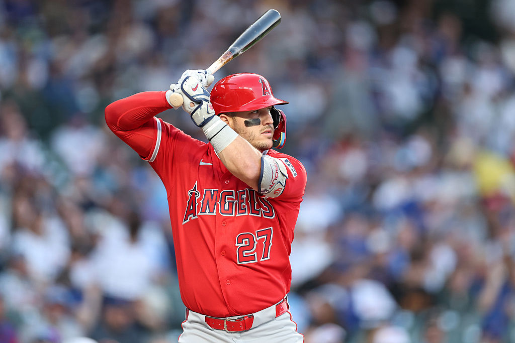 CHICAGO, ILLINOIS - MARCH 30: Mike Trout #27 of the Los Angeles Angels at bat against the Chicago Cubs at Wrigley Field on March 30, 2026 in Chicago, Illinois. (Photo by Michael Reaves/Getty Images)