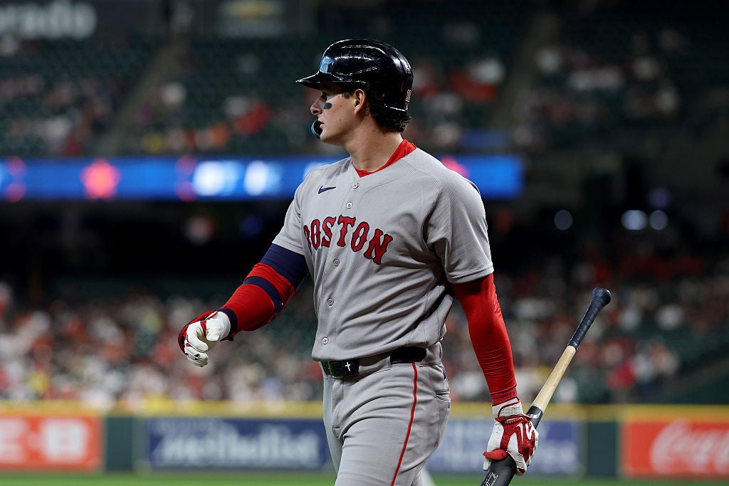 HOUSTON, TEXAS - MARCH 30: Roman Anthony #19 of the Boston Red Sox looks on after striking out during the game against the Houston Astros at Daikin Park on March 30, 2026 in Houston, Texas. (Photo by Kenneth Richmond/Getty Images)
