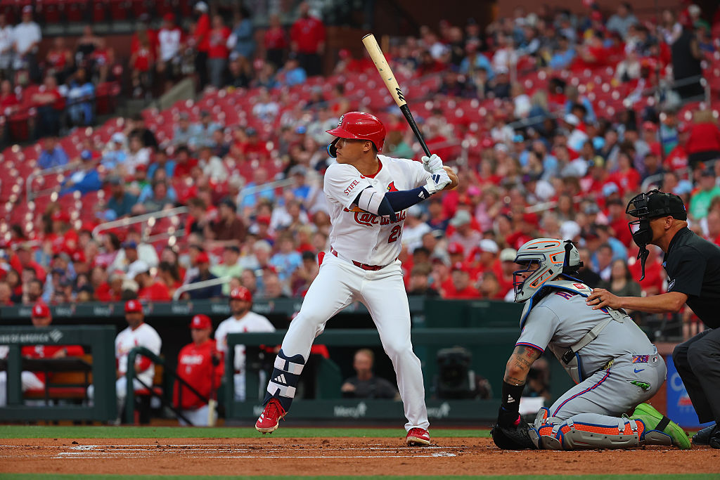ST LOUIS, MISSOURI - MARCH 30: JJ Wetherholt #26 of the St. Louis Cardinals bats against the New York Mets at Busch Stadium on March 30, 2026 in St Louis, Missouri. (Photo by Dilip Vishwanat/Getty Images)