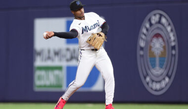 MIAMI, FLORIDA - MARCH 30: Xavier Edwards #9 of the Miami Marlins throws the ball to first base against the Chicago White Sox in the first inning of the game at loanDepot park on March 30, 2026 in Miami, Florida. (Photo by Megan Briggs/Getty Images)