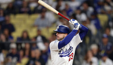 LOS ANGELES, CALIFORNIA - MARCH 30: Kyle Tucker #23 of the Los Angeles Dodgers in action at bat against the Cleveland Guardians at Dodger Stadium on March 30, 2026 in Los Angeles, California. (Photo by Luke Hales/Getty Images)