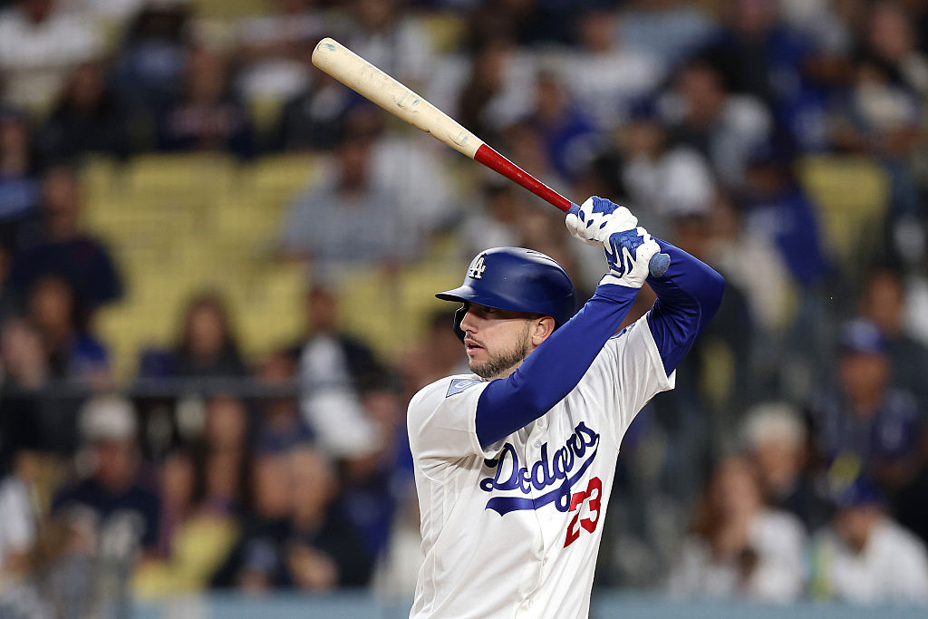 LOS ANGELES, CALIFORNIA - MARCH 30: Kyle Tucker #23 of the Los Angeles Dodgers in action at bat against the Cleveland Guardians at Dodger Stadium on March 30, 2026 in Los Angeles, California. (Photo by Luke Hales/Getty Images)