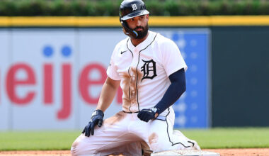 DETROIT, MI - APRIL 04: Riley Greene #31 of the Detroit Tigers looks on after being tagged out on a play at second base during the game against the St. Louis Cardinals at Comerica Park on April 4, 2026 in Detroit, Michigan. The Tigers defeated the Cardinals 11-6. (Photo by Mark Cunningham/MLB Photos via Getty Images)