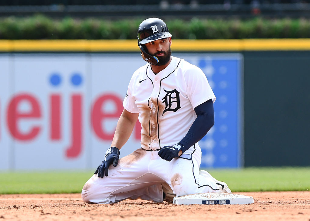 DETROIT, MI - APRIL 04: Riley Greene #31 of the Detroit Tigers looks on after being tagged out on a play at second base during the game against the St. Louis Cardinals at Comerica Park on April 4, 2026 in Detroit, Michigan. The Tigers defeated the Cardinals 11-6. (Photo by Mark Cunningham/MLB Photos via Getty Images)