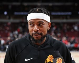 CHICAGO, IL - APRIL 5: Jordan Goodwin #23 of the Phoenix Suns talks to the media after the game against the Chicago Bulls on April 5, 2026 at United Center in Chicago, Illinois. NOTE TO USER: User expressly acknowledges and agrees that, by downloading and or using this photograph, User is consenting to the terms and conditions of the Getty Images License Agreement. Mandatory Copyright Notice: Copyright 2026 NBAE (Photo by Jeff Haynes/NBAE via Getty Images)