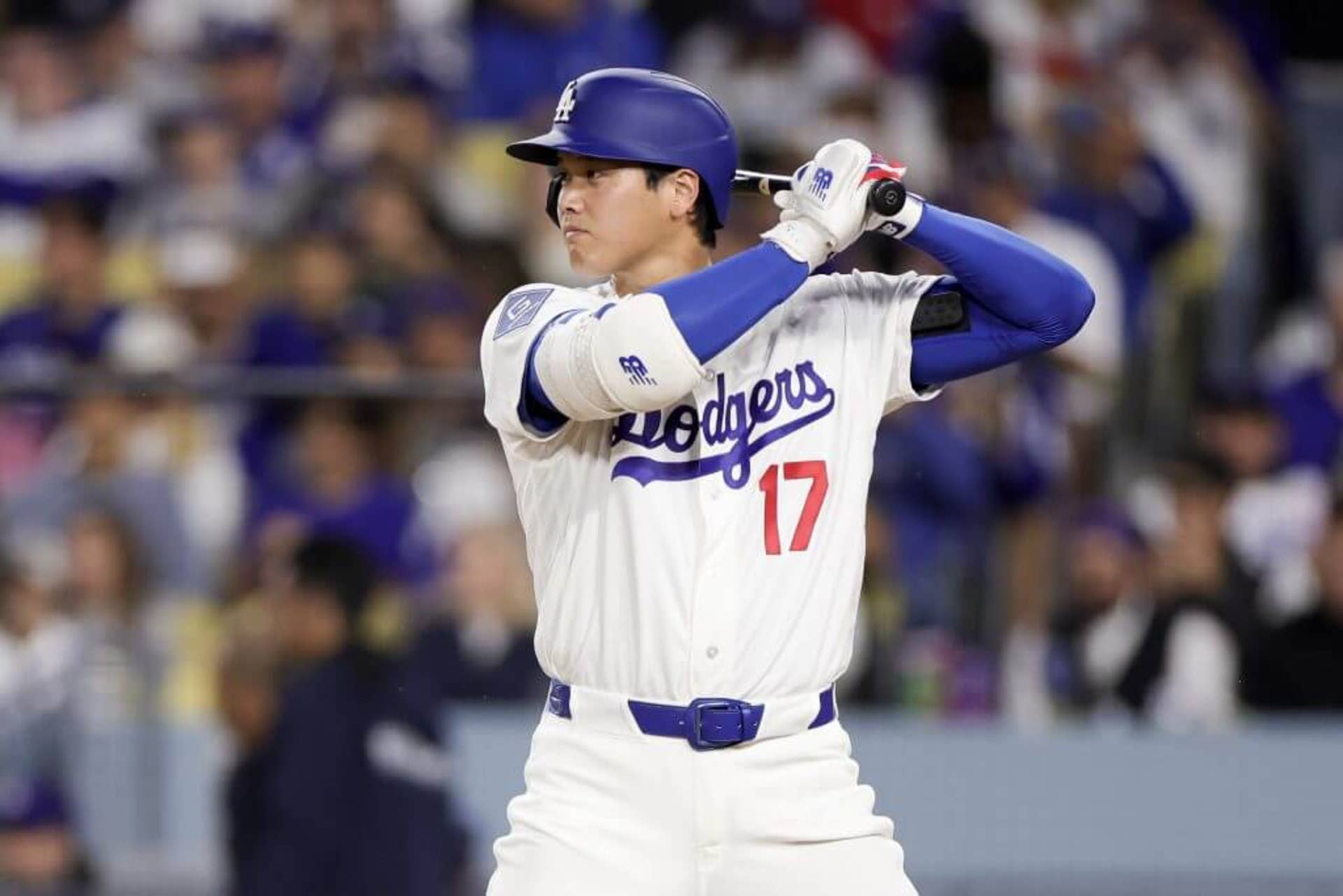 Shohei Ohtani #17 of the Los Angeles Dodgers at bat during the first inning of a baseball game against the Cleveland Guardians at Dodger Stadium on March 31, 2026 in Los Angeles, California.