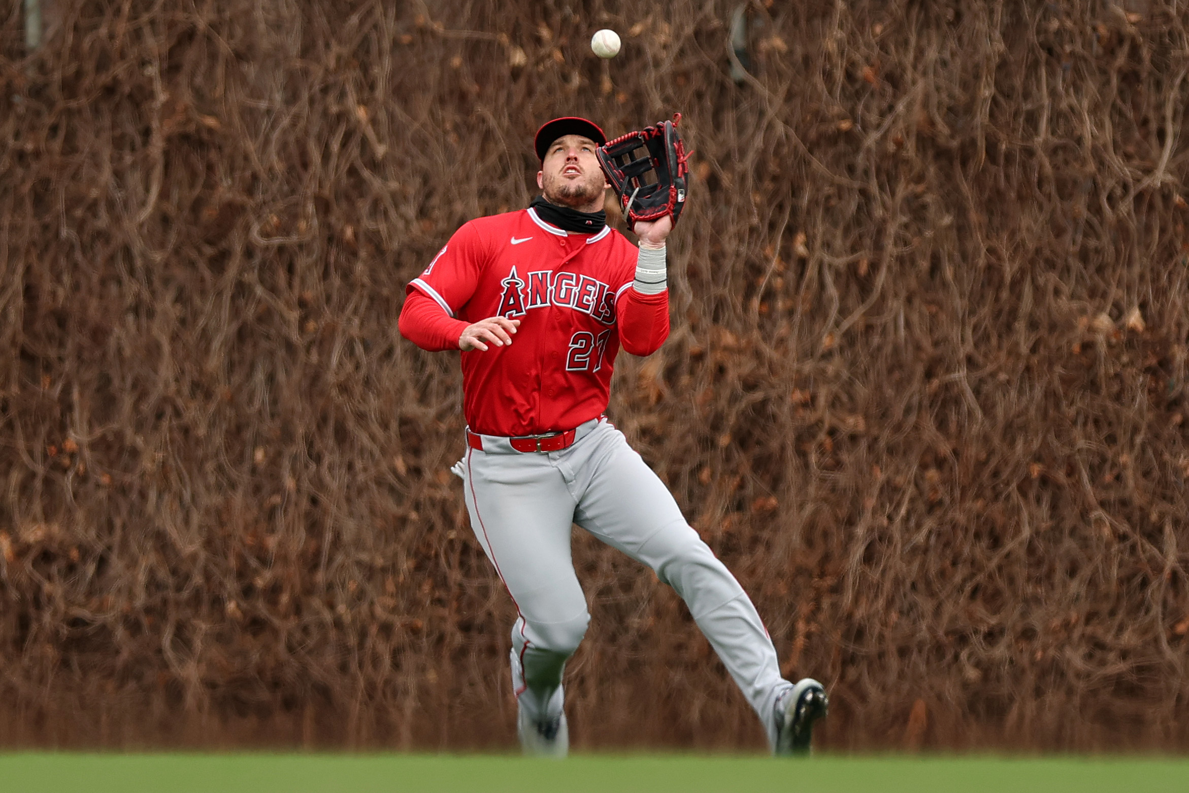 Angels center fielder Mike Trout catches a fly ball during...