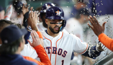 HOUSTON, TEXAS - APRIL 01: Carlos Correa #1 of the Houston Astros celebrates in the dugout after hitting a three run home run during the fifth inning against the Boston Red Sox at Daikin Park on April 01, 2026 in Houston, Texas. (Photo by Alex Slitz/Getty Images)