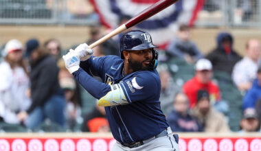 MINNEAPOLIS, MINNESOTA - APRIL 5: Junior Caminero #13 of the Tampa Bay Rays takes an at-bat against the Minnesota Twins during the tenth inning at Target Field on April 5, 2026 in Minneapolis, Minnesota. (Photo by Matt Krohn/Getty Images)