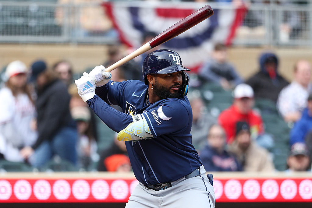 MINNEAPOLIS, MINNESOTA - APRIL 5: Junior Caminero #13 of the Tampa Bay Rays takes an at-bat against the Minnesota Twins during the tenth inning at Target Field on April 5, 2026 in Minneapolis, Minnesota. (Photo by Matt Krohn/Getty Images)