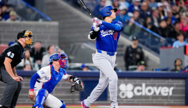 TORONTO, CANADA - APRIL 6: Shohei Ohtani #17 of the Los Angeles Dodgers hits a home run against the Toronto Blue Jays during the sixth inning in their MLB game at the Rogers Centre on April 6, 2026 in Toronto, Ontario, Canada. (Photo by Mark Blinch/Getty Images)