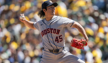 SACRAMENTO, CALIFORNIA - APRIL 4: Tatsuya Imai #45 of the Houston Astros pitches in the bottom of the second inning against the Athletics at Sutter Health Park on April 4, 2026 in Sacramento, California. (Photo by Justine Willard/Getty Images)