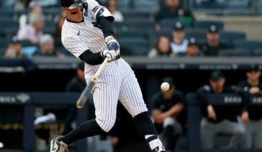 NEW YORK, NEW YORK - APRIL 03: Aaron Judge #99 of the New York Yankees hits a single in the eighth inning during the home opener at Yankee Stadium on April 03, 2026 in the Bronx borough of New York City. The New York Yankees defeated the Miami Marlins 8-2. (Photo by Elsa/Getty Images)