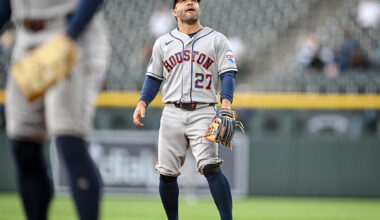 DENVER , CO - APRIL 7: Jose Altuve (27) of the Houston Astros watches a foul call during the first inning against the Colorado Rockies at Coors Field in Denver, Colorado on Tuesday, April 7, 2026. (Photo by AAron Ontiveroz/The Denver Post)