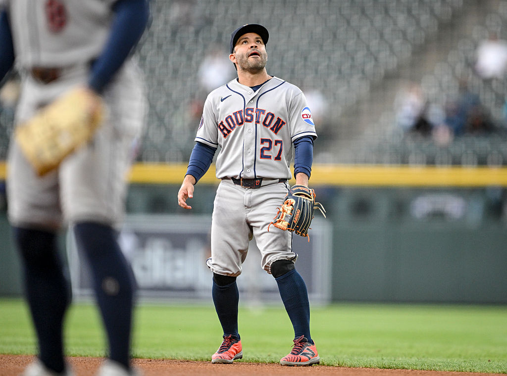 DENVER , CO - APRIL 7: Jose Altuve (27) of the Houston Astros watches a foul call during the first inning against the Colorado Rockies at Coors Field in Denver, Colorado on Tuesday, April 7, 2026. (Photo by AAron Ontiveroz/The Denver Post)