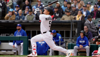 CHICAGO, ILLINOIS - APRIL 4: Munetaka Murakami #5 of the Chicago White Sox hits a sacrifice fly in the bottom of the first inning of a game against the Toronto Blue Jays at Rate Field on April 4, 2026 in Chicago, Illinois. (Photo by Matt Dirksen/Getty Images)