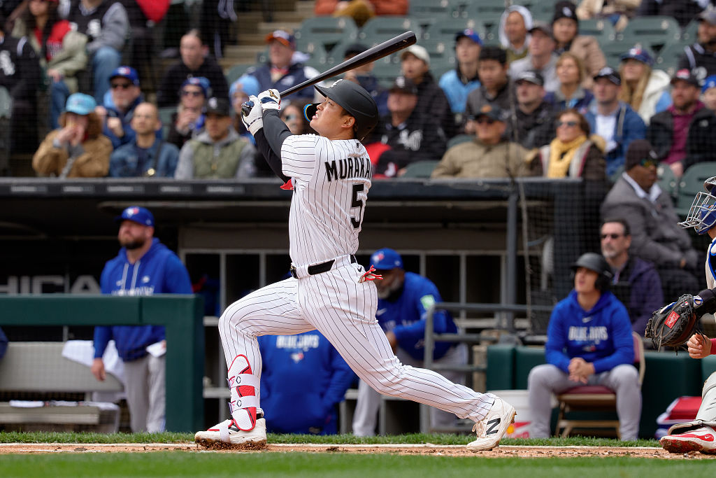 CHICAGO, ILLINOIS - APRIL 4: Munetaka Murakami #5 of the Chicago White Sox hits a sacrifice fly in the bottom of the first inning of a game against the Toronto Blue Jays at Rate Field on April 4, 2026 in Chicago, Illinois. (Photo by Matt Dirksen/Getty Images)