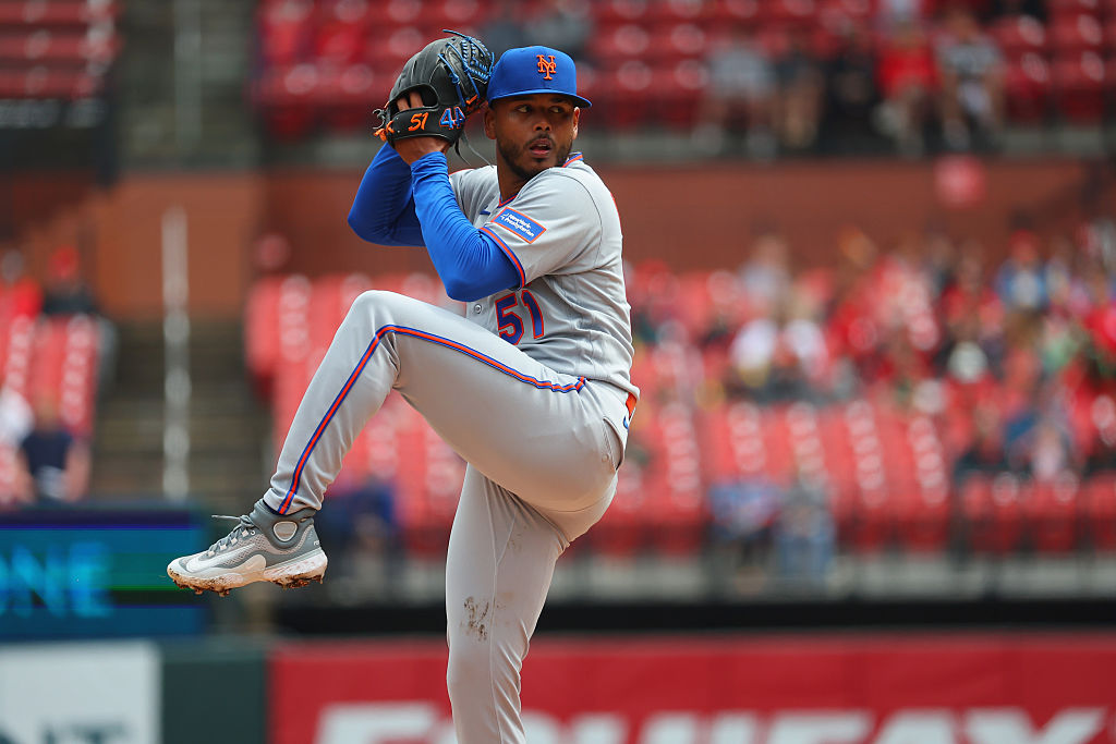 ST LOUIS, MISSOURI - APRIL 1: Freddy Peralta #51 of the New York Mets delivers a pitch against the St. Louis Cardinals at Busch Stadium on April 1, 2026 in St Louis, Missouri. (Photo by Dilip Vishwanat/Getty Images)