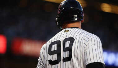 NEW YORK, NY - APRIL 08: A detail shot of Aaron Judge #99 of the New York Yankees during the game against the Athletics at Yankee Stadium on April 8, 2026 in New York, New York. (Photo by New York Yankees/Getty Images)