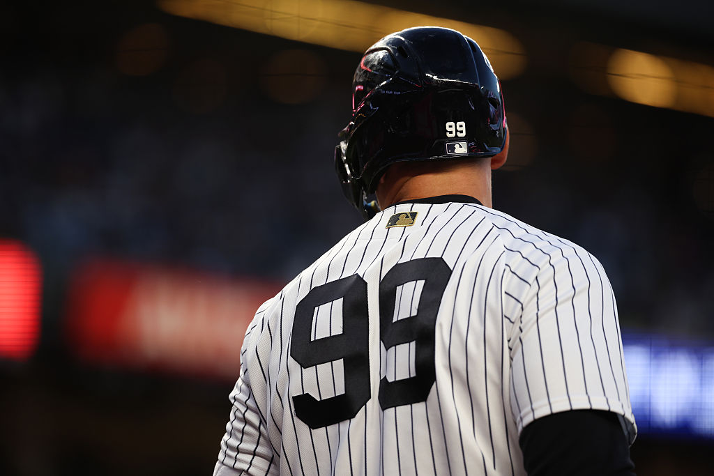 NEW YORK, NY - APRIL 08: A detail shot of Aaron Judge #99 of the New York Yankees during the game against the Athletics at Yankee Stadium on April 8, 2026 in New York, New York. (Photo by New York Yankees/Getty Images)