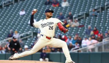 MINNEAPOLIS, MN - APRIL 07: Taj Bradley #26 of the Minnesota Twins pitches during the game between the Detroit Tigers and the Minnesota Twins at Target Field on Tuesday, April 7, 2026 in Minneapolis, Minnesota. (Photo by Michael Turner/MLB Photos via Getty Images)