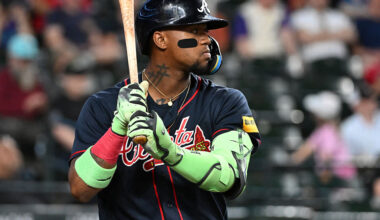 PHOENIX, ARIZONA - APRIL 05: Ronald Acuna Jr. #13 of the Atlanta Braves gets ready in the on-deck circle against the Arizona Diamondbacks at Chase Field on April 05, 2026 in Phoenix, Arizona.