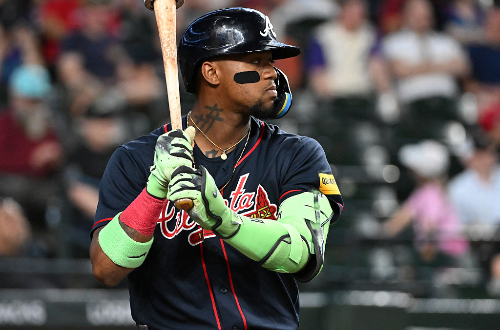 PHOENIX, ARIZONA - APRIL 05: Ronald Acuna Jr. #13 of the Atlanta Braves gets ready in the on-deck circle against the Arizona Diamondbacks at Chase Field on April 05, 2026 in Phoenix, Arizona.