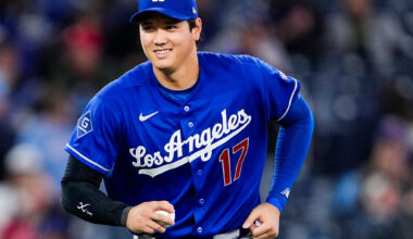 TORONTO, CANADA - APRIL 6: Shohei Ohtani #17 of the Los Angeles Dodgers runs off the field after his team defeated the Toronto Blue Jays in their MLB game at the Rogers Centre on April 6, 2026 in Toronto, Ontario, Canada.