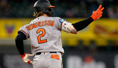 CHICAGO, ILLINOIS - APRIL 6: Gunnar Henderson #2 of the Baltimore Orioles celebrates a home run in a game against the Chicago White Sox at Rate Field on April 6, 2026 in Chicago, Illinois. (Photo by Matt Dirksen/Getty Images)